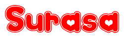 The image displays the word Surasa written in a stylized red font with hearts inside the letters.