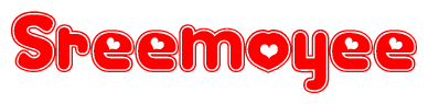 The image is a clipart featuring the word Sreemoyee written in a stylized font with a heart shape replacing inserted into the center of each letter. The color scheme of the text and hearts is red with a light outline.