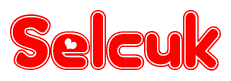 The image is a red and white graphic with the word Selcuk written in a decorative script. Each letter in  is contained within its own outlined bubble-like shape. Inside each letter, there is a white heart symbol.