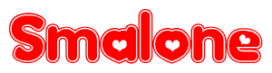 The image is a red and white graphic with the word Smalone written in a decorative script. Each letter in  is contained within its own outlined bubble-like shape. Inside each letter, there is a white heart symbol.
