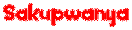 The image is a clipart featuring the word Sakupwanya written in a stylized font with a heart shape replacing inserted into the center of each letter. The color scheme of the text and hearts is red with a light outline.