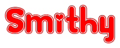 The image is a red and white graphic with the word Smithy written in a decorative script. Each letter in  is contained within its own outlined bubble-like shape. Inside each letter, there is a white heart symbol.
