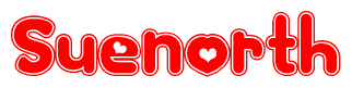The image is a red and white graphic with the word Suenorth written in a decorative script. Each letter in  is contained within its own outlined bubble-like shape. Inside each letter, there is a white heart symbol.