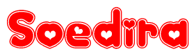 The image is a clipart featuring the word Soedira written in a stylized font with a heart shape replacing inserted into the center of each letter. The color scheme of the text and hearts is red with a light outline.