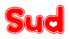 The image is a red and white graphic with the word Sud written in a decorative script. Each letter in  is contained within its own outlined bubble-like shape. Inside each letter, there is a white heart symbol.