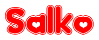 The image is a red and white graphic with the word Salko written in a decorative script. Each letter in  is contained within its own outlined bubble-like shape. Inside each letter, there is a white heart symbol.