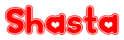 The image displays the word Shasta written in a stylized red font with hearts inside the letters.