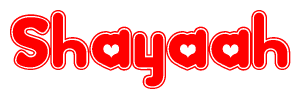 The image is a red and white graphic with the word Shayaah written in a decorative script. Each letter in  is contained within its own outlined bubble-like shape. Inside each letter, there is a white heart symbol.
