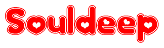 The image is a red and white graphic with the word Souldeep written in a decorative script. Each letter in  is contained within its own outlined bubble-like shape. Inside each letter, there is a white heart symbol.