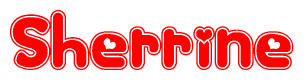 The image is a red and white graphic with the word Sherrine written in a decorative script. Each letter in  is contained within its own outlined bubble-like shape. Inside each letter, there is a white heart symbol.