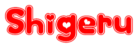 The image is a clipart featuring the word Shigeru written in a stylized font with a heart shape replacing inserted into the center of each letter. The color scheme of the text and hearts is red with a light outline.