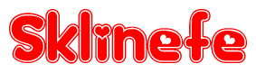 The image is a red and white graphic with the word Sklinefe written in a decorative script. Each letter in  is contained within its own outlined bubble-like shape. Inside each letter, there is a white heart symbol.