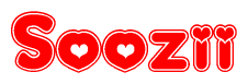 The image is a red and white graphic with the word Soozii written in a decorative script. Each letter in  is contained within its own outlined bubble-like shape. Inside each letter, there is a white heart symbol.