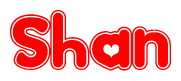 The image is a red and white graphic with the word Shan written in a decorative script. Each letter in  is contained within its own outlined bubble-like shape. Inside each letter, there is a white heart symbol.