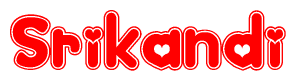 The image is a clipart featuring the word Srikandi written in a stylized font with a heart shape replacing inserted into the center of each letter. The color scheme of the text and hearts is red with a light outline.