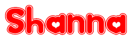 The image is a red and white graphic with the word Shanna written in a decorative script. Each letter in  is contained within its own outlined bubble-like shape. Inside each letter, there is a white heart symbol.