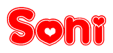 The image is a red and white graphic with the word Soni written in a decorative script. Each letter in  is contained within its own outlined bubble-like shape. Inside each letter, there is a white heart symbol.