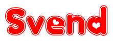 The image is a red and white graphic with the word Svend written in a decorative script. Each letter in  is contained within its own outlined bubble-like shape. Inside each letter, there is a white heart symbol.