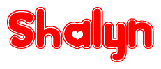 The image is a red and white graphic with the word Shalyn written in a decorative script. Each letter in  is contained within its own outlined bubble-like shape. Inside each letter, there is a white heart symbol.
