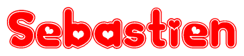 The image is a red and white graphic with the word Sebastien written in a decorative script. Each letter in  is contained within its own outlined bubble-like shape. Inside each letter, there is a white heart symbol.