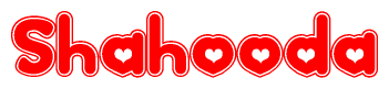 The image is a clipart featuring the word Shahooda written in a stylized font with a heart shape replacing inserted into the center of each letter. The color scheme of the text and hearts is red with a light outline.