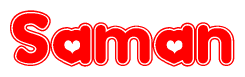 The image displays the word Saman written in a stylized red font with hearts inside the letters.