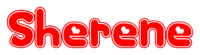 The image is a red and white graphic with the word Sherene written in a decorative script. Each letter in  is contained within its own outlined bubble-like shape. Inside each letter, there is a white heart symbol.