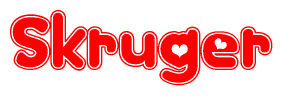 The image is a clipart featuring the word Skruger written in a stylized font with a heart shape replacing inserted into the center of each letter. The color scheme of the text and hearts is red with a light outline.