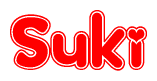 The image is a red and white graphic with the word Suki written in a decorative script. Each letter in  is contained within its own outlined bubble-like shape. Inside each letter, there is a white heart symbol.