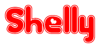 The image is a red and white graphic with the word Shelly written in a decorative script. Each letter in  is contained within its own outlined bubble-like shape. Inside each letter, there is a white heart symbol.
