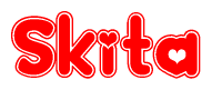 The image is a red and white graphic with the word Skita written in a decorative script. Each letter in  is contained within its own outlined bubble-like shape. Inside each letter, there is a white heart symbol.