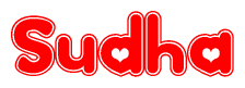 The image is a red and white graphic with the word Sudha written in a decorative script. Each letter in  is contained within its own outlined bubble-like shape. Inside each letter, there is a white heart symbol.