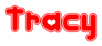 The image is a red and white graphic with the word Tracy written in a decorative script. Each letter in  is contained within its own outlined bubble-like shape. Inside each letter, there is a white heart symbol.