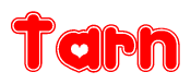 The image is a red and white graphic with the word Tarn written in a decorative script. Each letter in  is contained within its own outlined bubble-like shape. Inside each letter, there is a white heart symbol.