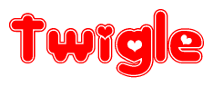 The image is a clipart featuring the word Twigle written in a stylized font with a heart shape replacing inserted into the center of each letter. The color scheme of the text and hearts is red with a light outline.