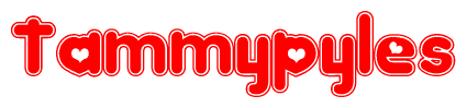 The image is a red and white graphic with the word Tammypyles written in a decorative script. Each letter in  is contained within its own outlined bubble-like shape. Inside each letter, there is a white heart symbol.