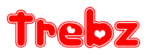 The image is a red and white graphic with the word Trebz written in a decorative script. Each letter in  is contained within its own outlined bubble-like shape. Inside each letter, there is a white heart symbol.