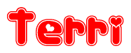 The image is a clipart featuring the word Terri written in a stylized font with a heart shape replacing inserted into the center of each letter. The color scheme of the text and hearts is red with a light outline.