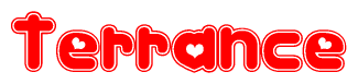 The image is a red and white graphic with the word Terrance written in a decorative script. Each letter in  is contained within its own outlined bubble-like shape. Inside each letter, there is a white heart symbol.