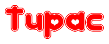 The image is a red and white graphic with the word Tupac written in a decorative script. Each letter in  is contained within its own outlined bubble-like shape. Inside each letter, there is a white heart symbol.