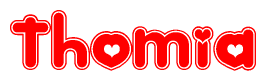 The image displays the word Thomia written in a stylized red font with hearts inside the letters.