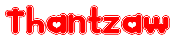 The image is a clipart featuring the word Thantzaw written in a stylized font with a heart shape replacing inserted into the center of each letter. The color scheme of the text and hearts is red with a light outline.