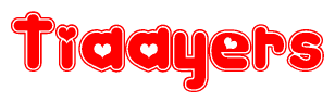 The image is a clipart featuring the word Tiaayers written in a stylized font with a heart shape replacing inserted into the center of each letter. The color scheme of the text and hearts is red with a light outline.