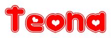 The image is a clipart featuring the word Teona written in a stylized font with a heart shape replacing inserted into the center of each letter. The color scheme of the text and hearts is red with a light outline.