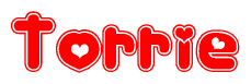 The image is a red and white graphic with the word Torrie written in a decorative script. Each letter in  is contained within its own outlined bubble-like shape. Inside each letter, there is a white heart symbol.