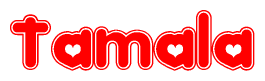 The image is a red and white graphic with the word Tamala written in a decorative script. Each letter in  is contained within its own outlined bubble-like shape. Inside each letter, there is a white heart symbol.