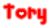 The image displays the word Tory written in a stylized red font with hearts inside the letters.
