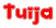 The image is a red and white graphic with the word Tuija written in a decorative script. Each letter in  is contained within its own outlined bubble-like shape. Inside each letter, there is a white heart symbol.
