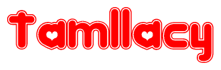 The image is a red and white graphic with the word Tamllacy written in a decorative script. Each letter in  is contained within its own outlined bubble-like shape. Inside each letter, there is a white heart symbol.