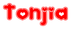 The image is a red and white graphic with the word Tonjia written in a decorative script. Each letter in  is contained within its own outlined bubble-like shape. Inside each letter, there is a white heart symbol.